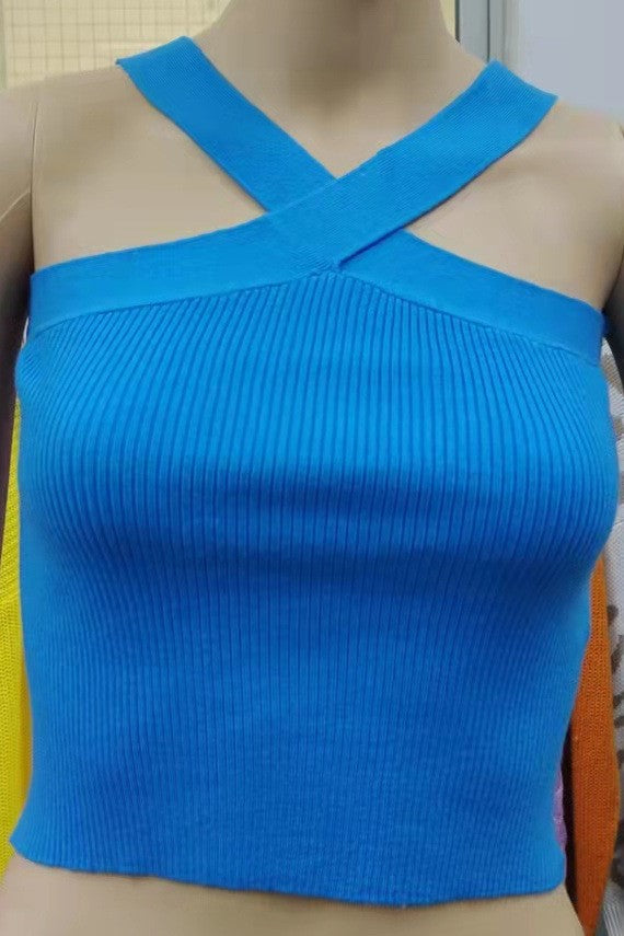 Cross Halter Neck Ribbed Crop Tank Top - Blue - 3