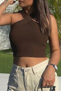 Cross Halter Neck Ribbed Crop Tank Top - Brown