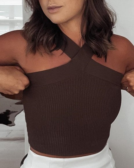 Cross Halter Neck Ribbed Crop Tank Top - Brown - 1