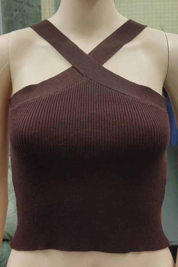 Cross Halter Neck Ribbed Crop Tank Top - Coffee