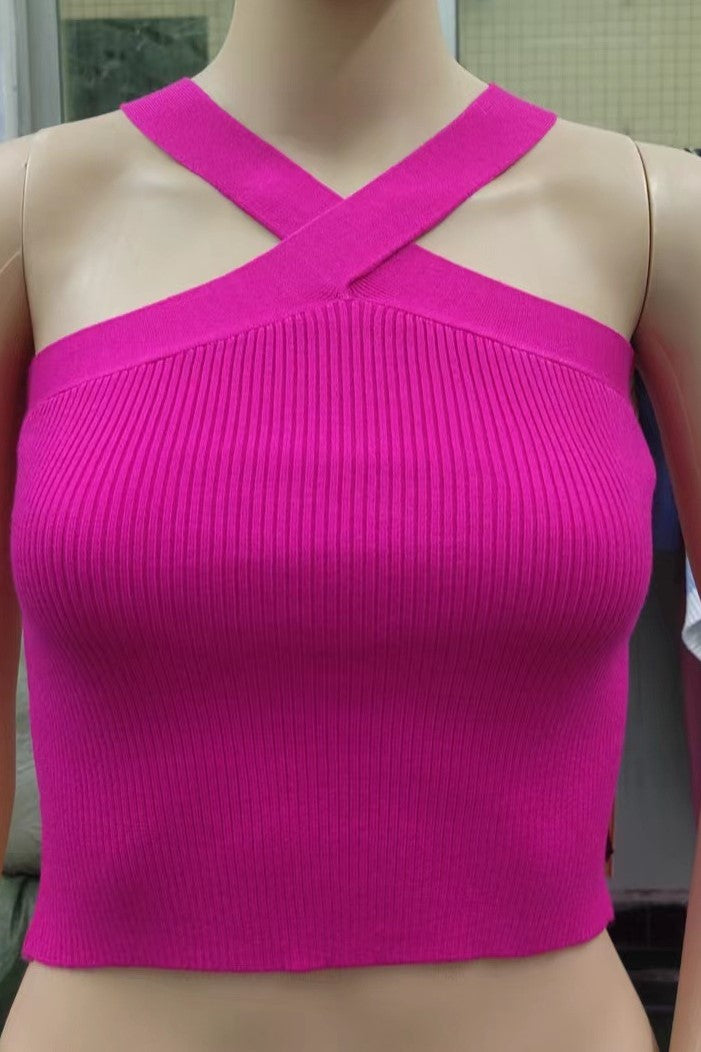 Cross Halter Neck Ribbed Crop Tank Top - Hot_pink