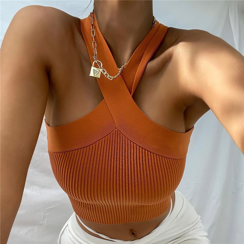 Cross Halter Neck Ribbed Crop Tank Top - Orange