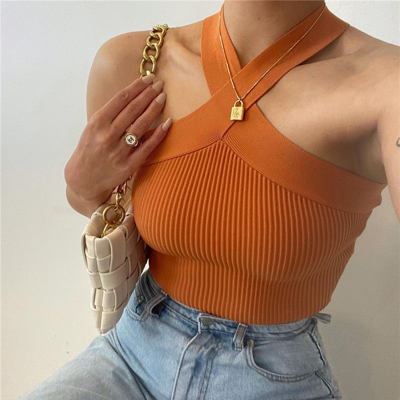 Cross Halter Neck Ribbed Crop Tank Top - Orange - 1