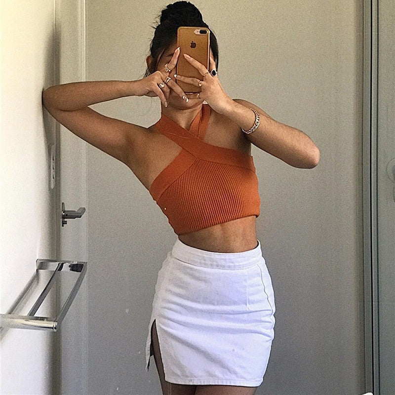 Cross Halter Neck Ribbed Crop Tank Top - Orange - 2