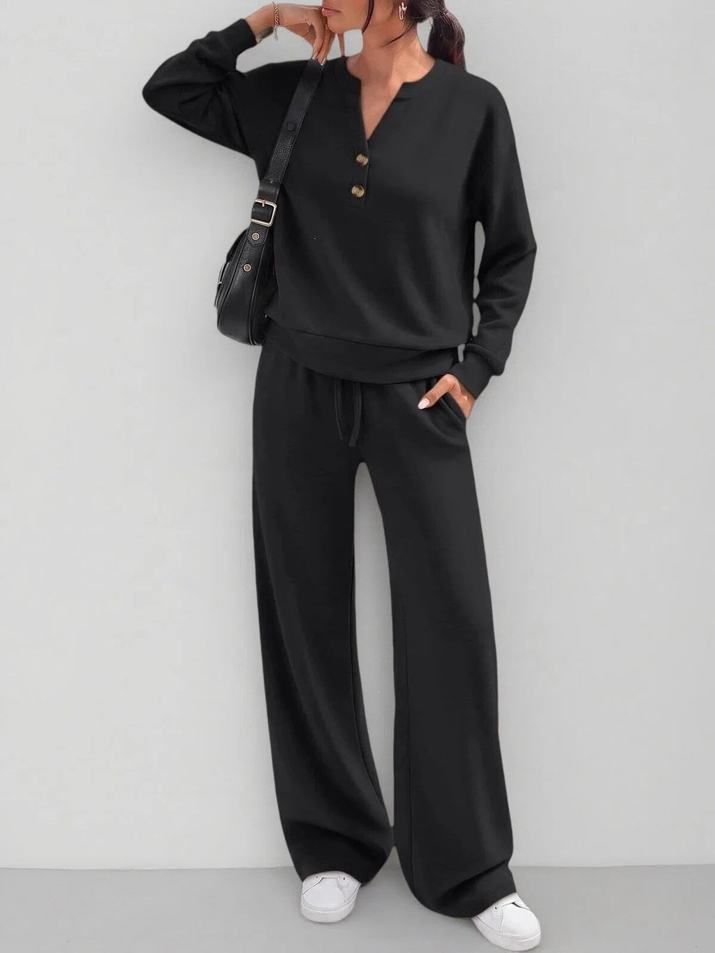 Button Henley Pullover Wide Leg Athletic Tracksuit - Black