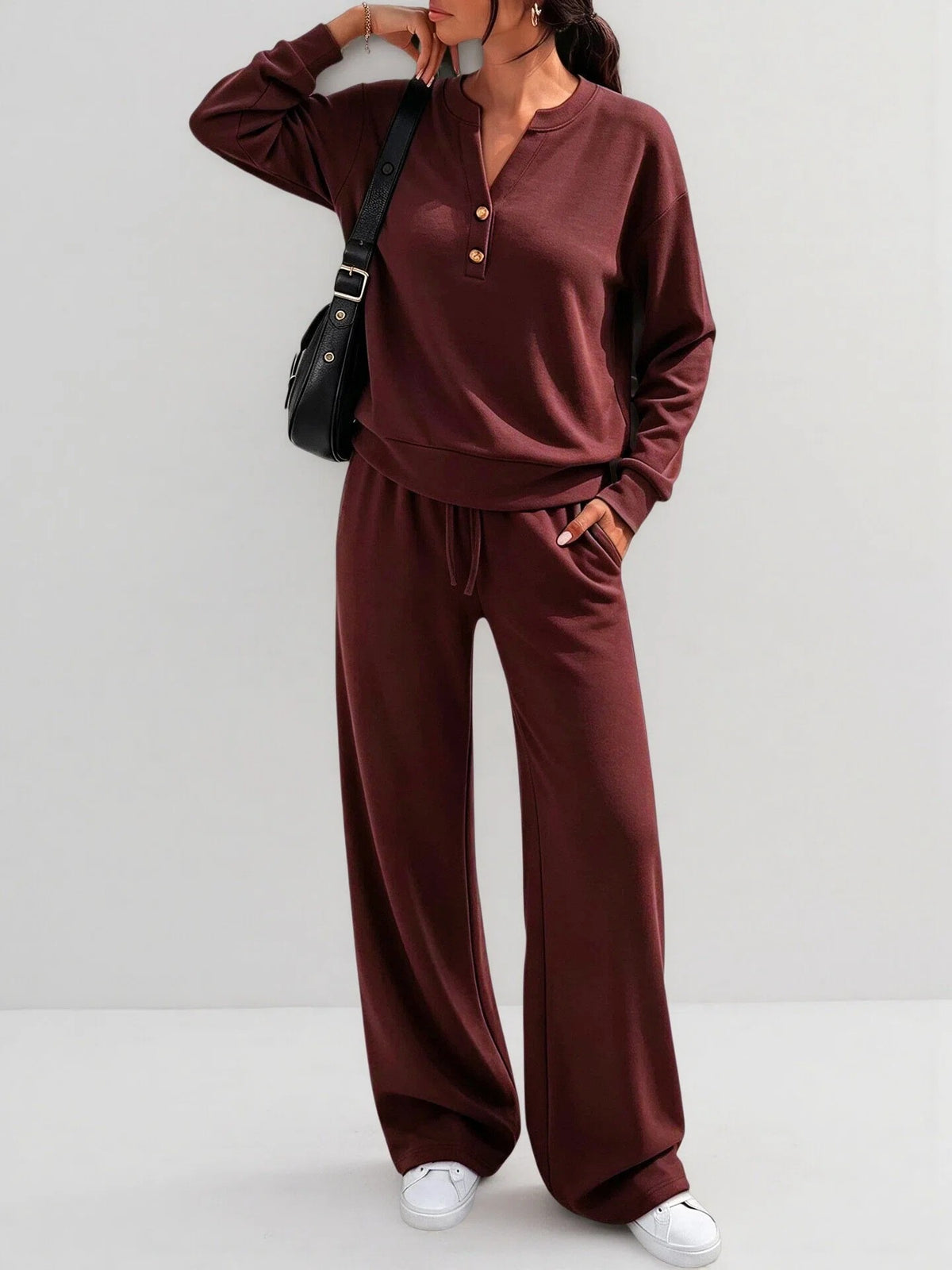 Button Henley Pullover Wide Leg Athletic Tracksuit - Brick Red
