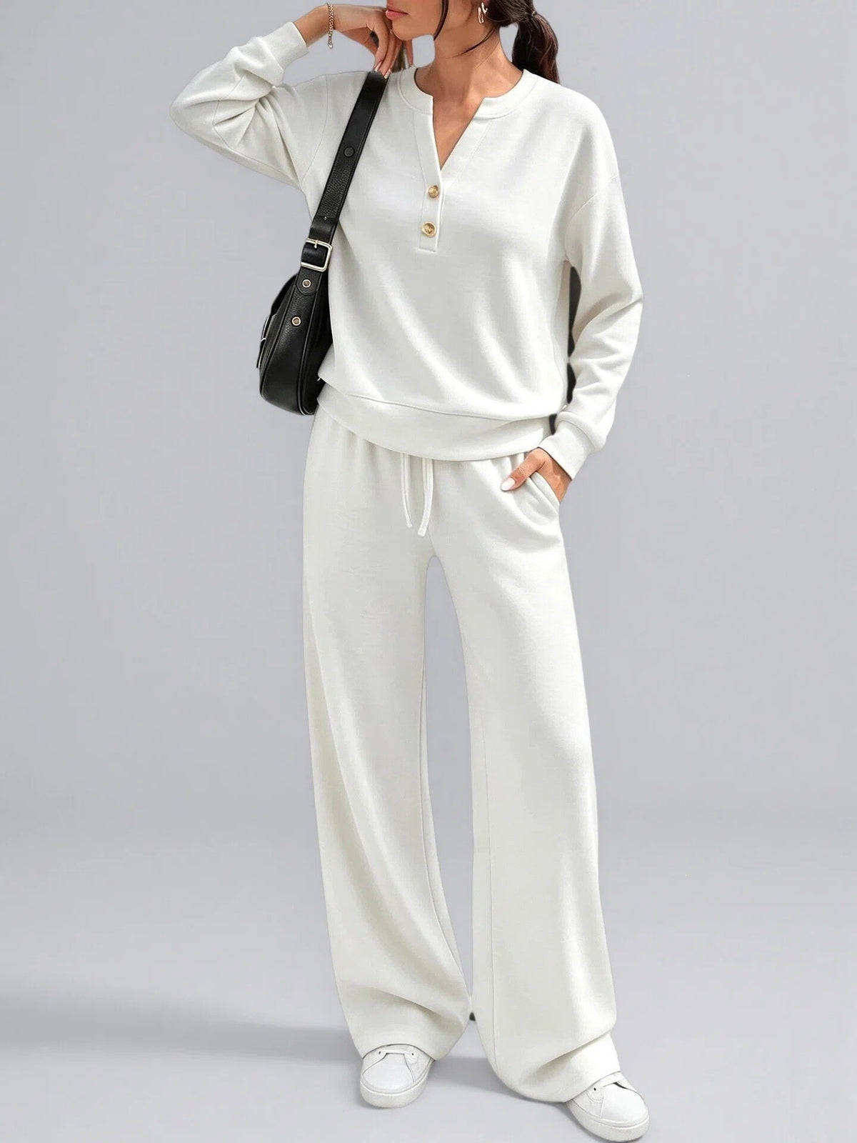 Button Henley Pullover Wide Leg Athletic Tracksuit - White