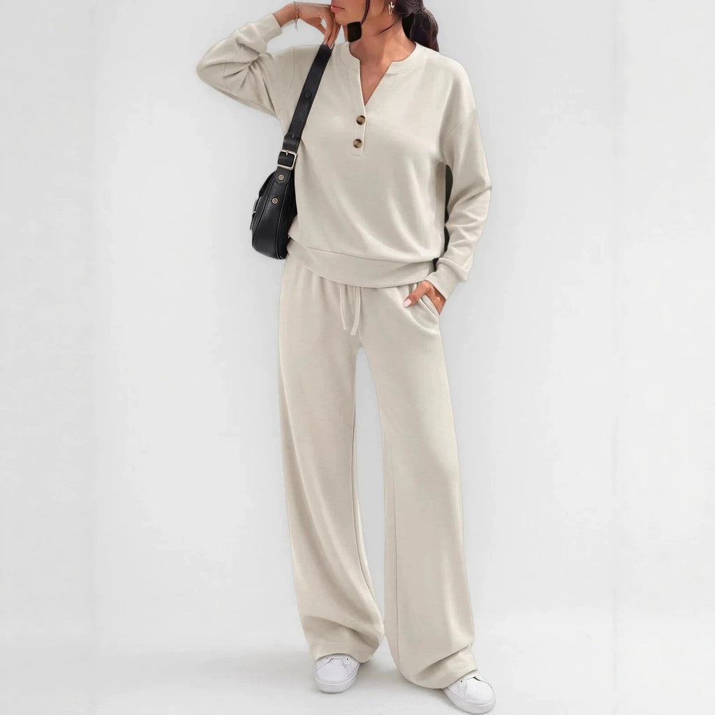 Button Henley Pullover Wide Leg Athletic Tracksuit
