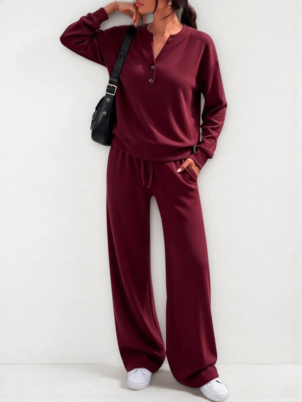 Button Henley Pullover Wide Leg Athletic Tracksuit