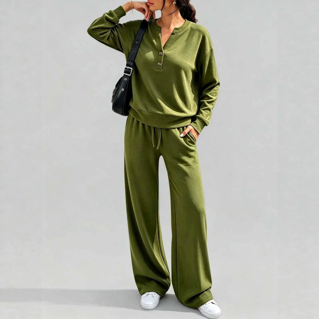 Button Henley Pullover Wide Leg Athletic Tracksuit