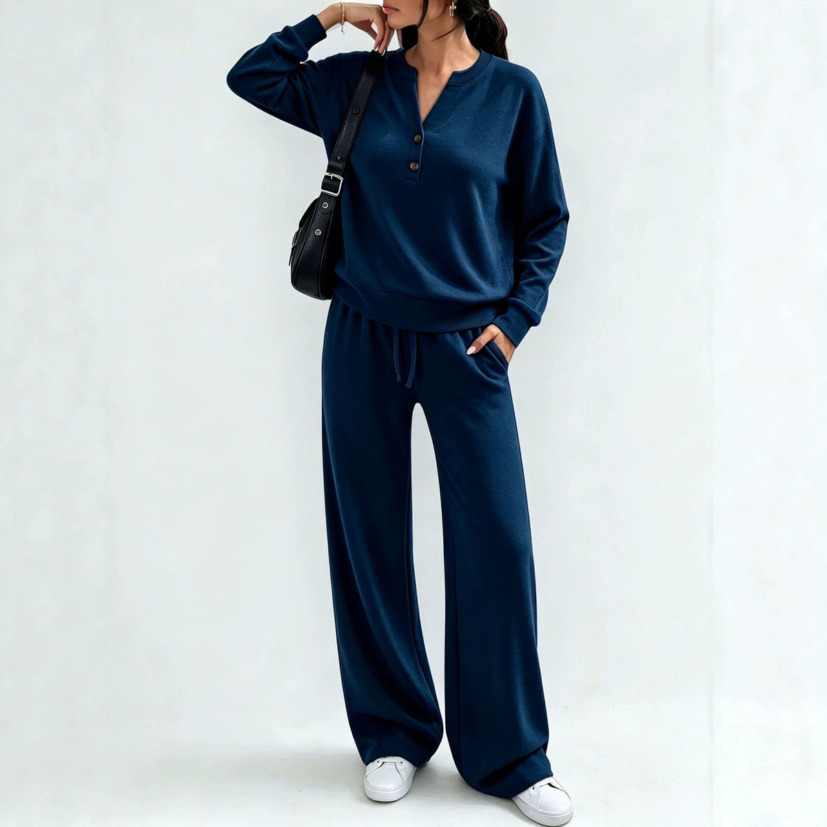 Button Henley Pullover Wide Leg Athletic Tracksuit