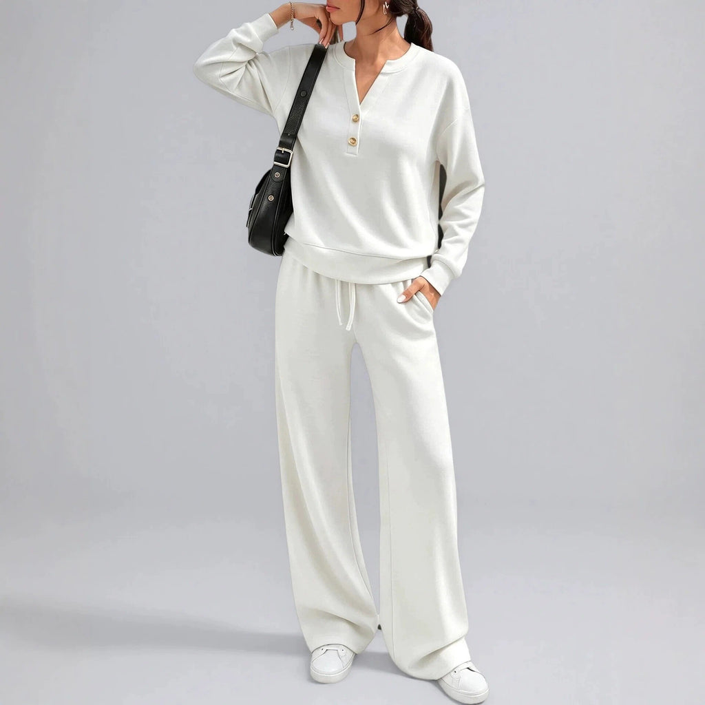 Button Henley Pullover Wide Leg Athletic Tracksuit