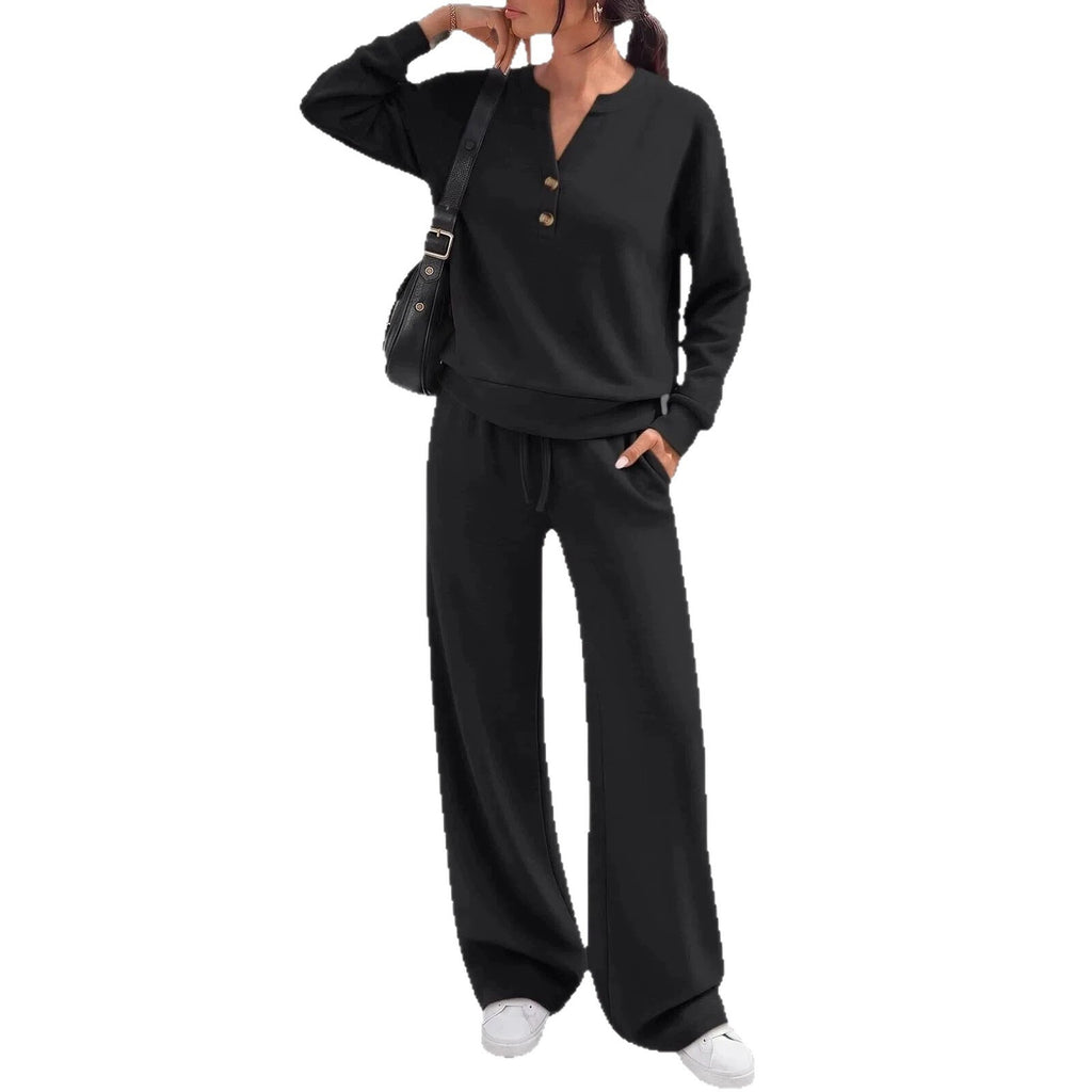 Button Henley Pullover Wide Leg Athletic Tracksuit