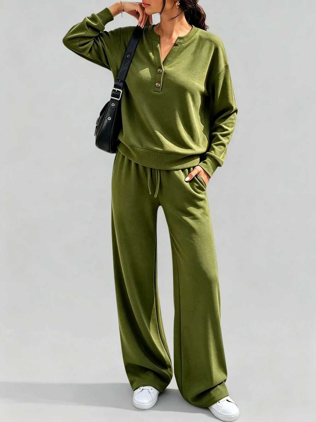 Button Henley Pullover Wide Leg Athletic Tracksuit