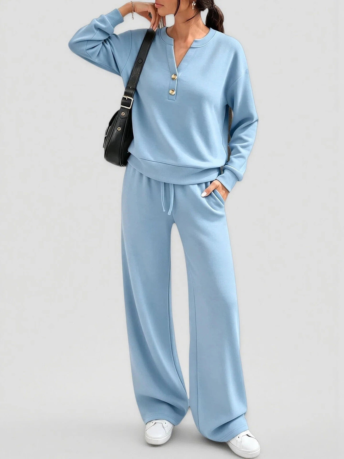 Button Henley Pullover Wide Leg Athletic Tracksuit
