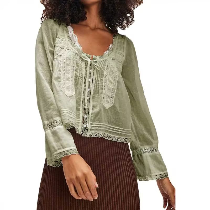 Boho Lace Trim Long Sleeve Blouse - Green
