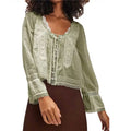 Boho Lace Trim Long Sleeve Blouse - Green
