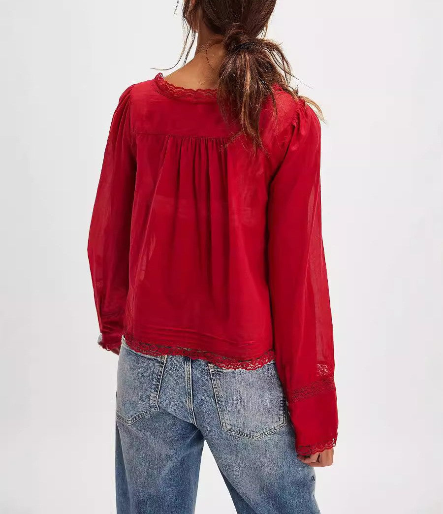 Boho Lace Trim Long Sleeve Blouse - Red