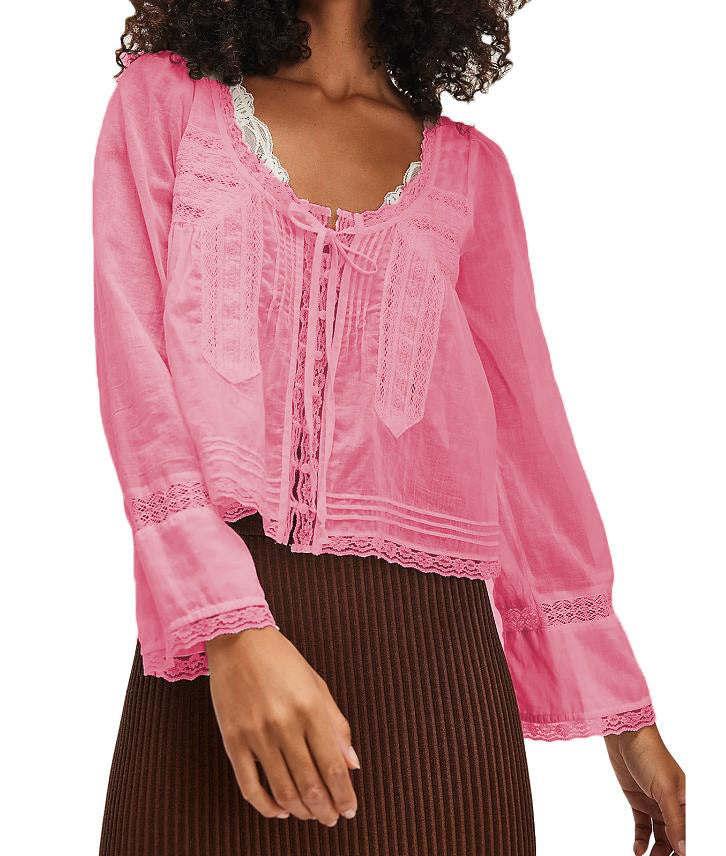 Boho Lace Trim Long Sleeve Blouse - Rose