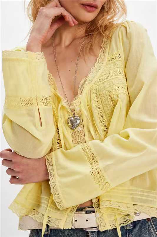 Boho Lace Trim Long Sleeve Blouse - Yellow