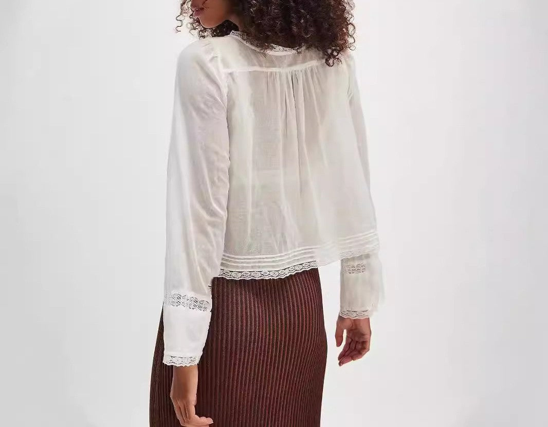 Boho Lace Trim Long Sleeve Blouse