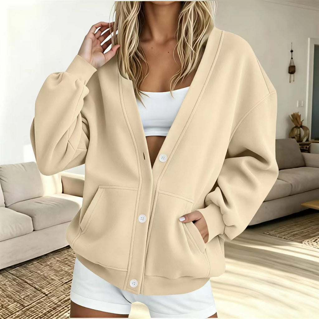 V Neck Fleece Cardigan With Pockets - Apricot