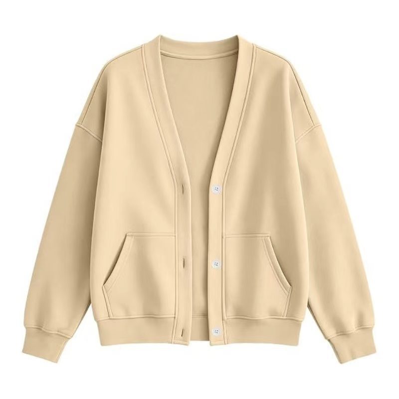 V Neck Fleece Cardigan With Pockets - Apricot - 1