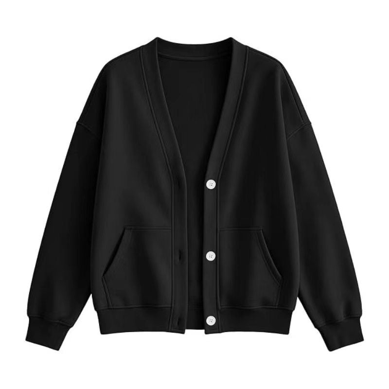 V Neck Fleece Cardigan With Pockets - Black