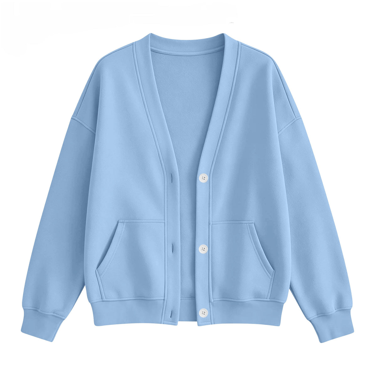 V Neck Fleece Cardigan With Pockets - Blue