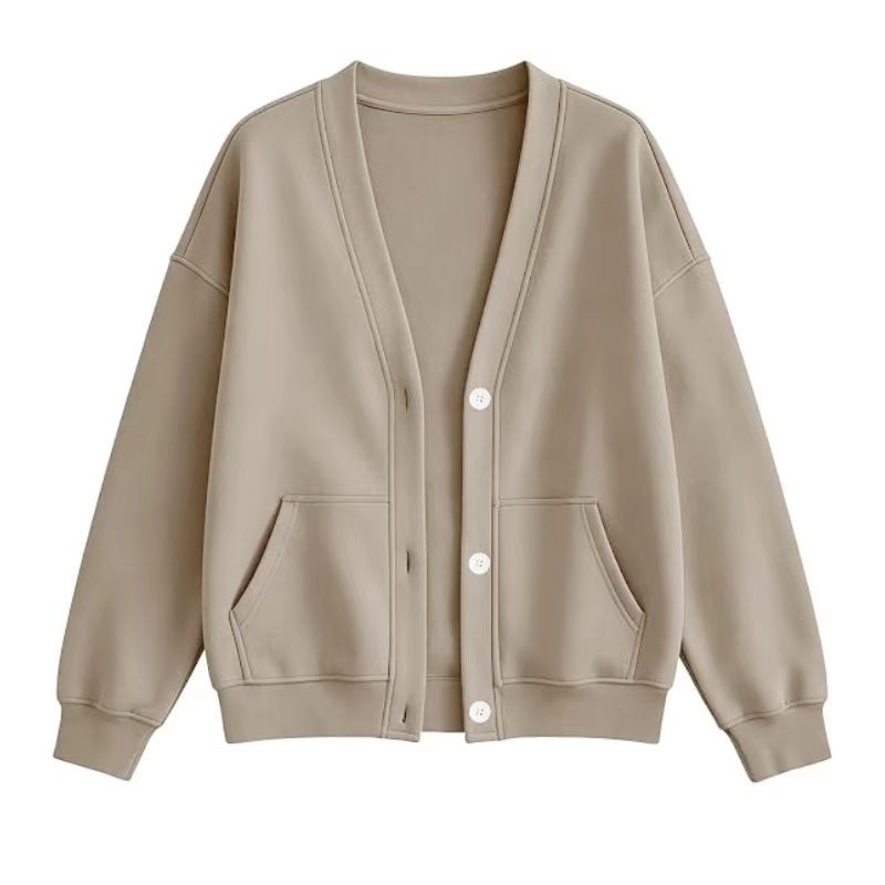 V Neck Fleece Cardigan With Pockets - Brown