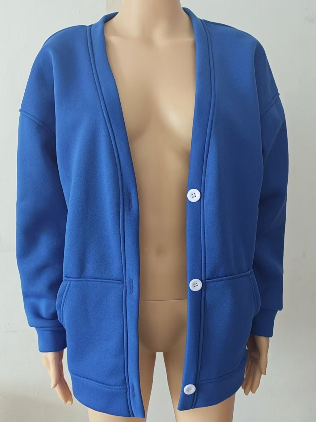 V Neck Fleece Cardigan With Pockets - DBlue