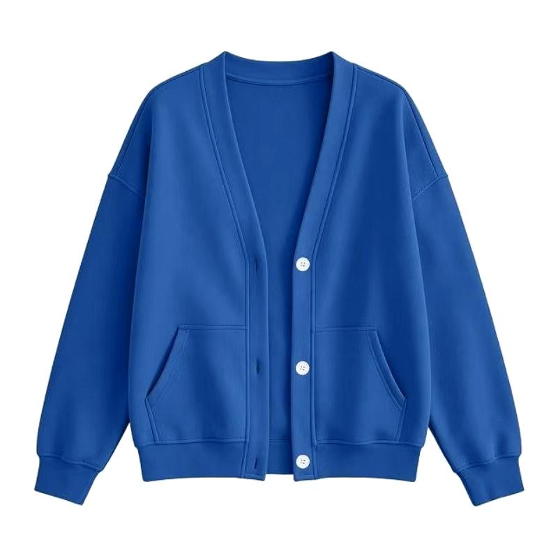 V Neck Fleece Cardigan With Pockets - DBlue - 1