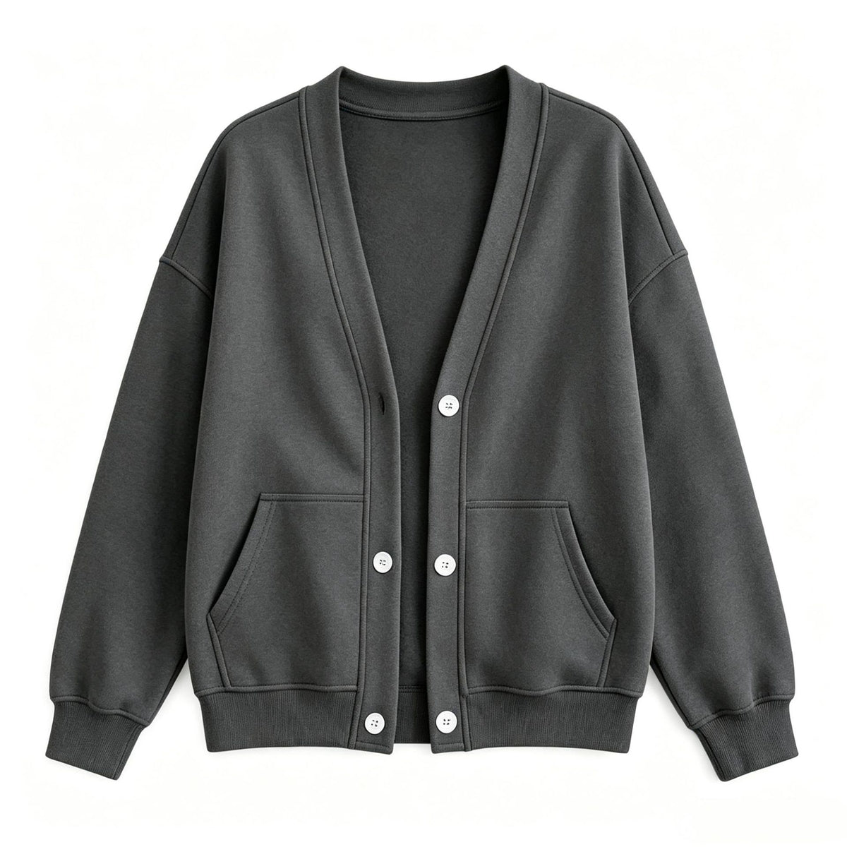V Neck Fleece Cardigan With Pockets - DarkGrey