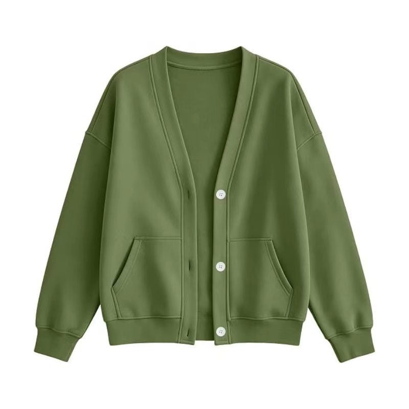 V Neck Fleece Cardigan With Pockets - Green
