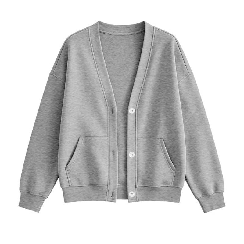 V Neck Fleece Cardigan With Pockets - Grey