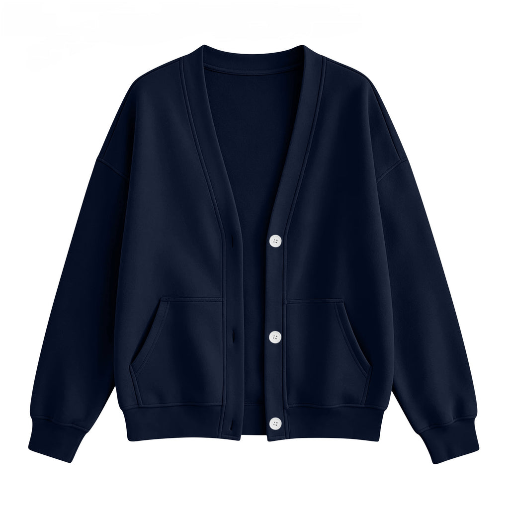 V Neck Fleece Cardigan With Pockets - NavyBlue