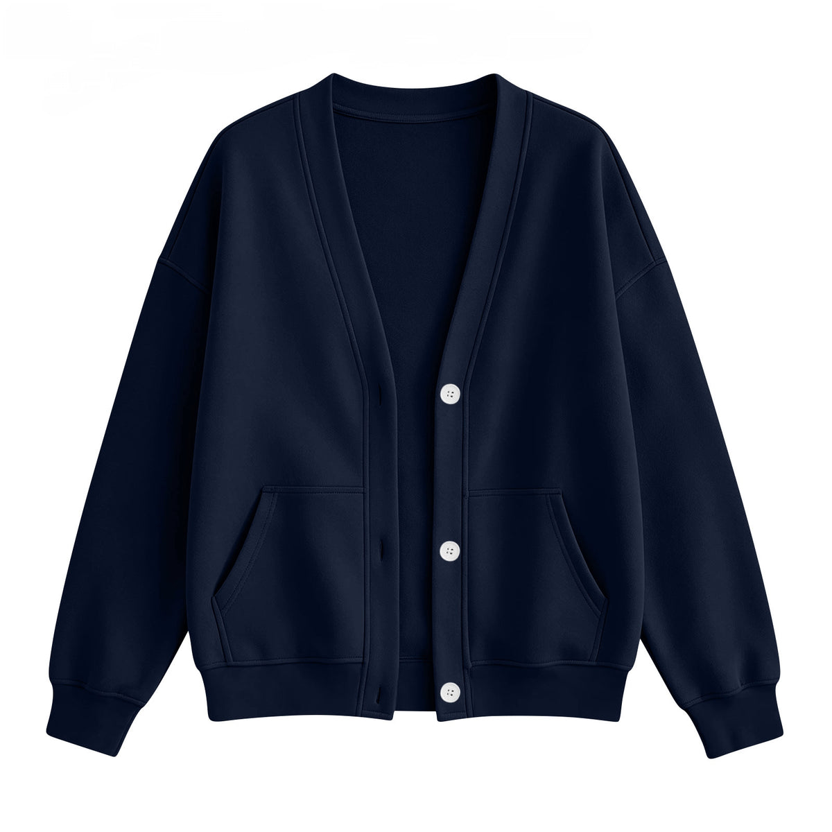 V Neck Fleece Cardigan With Pockets - NavyBlue