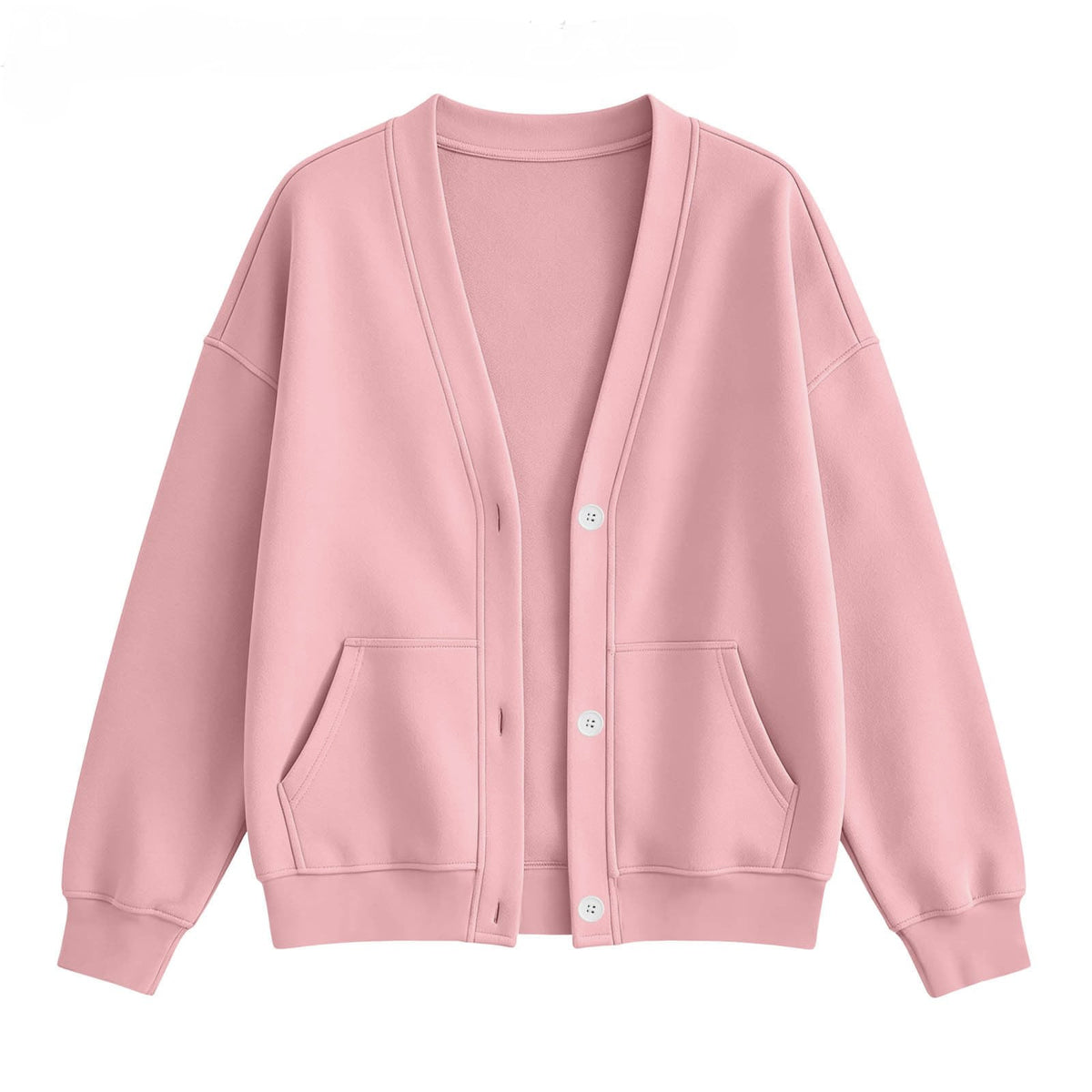 V Neck Fleece Cardigan With Pockets - Pink
