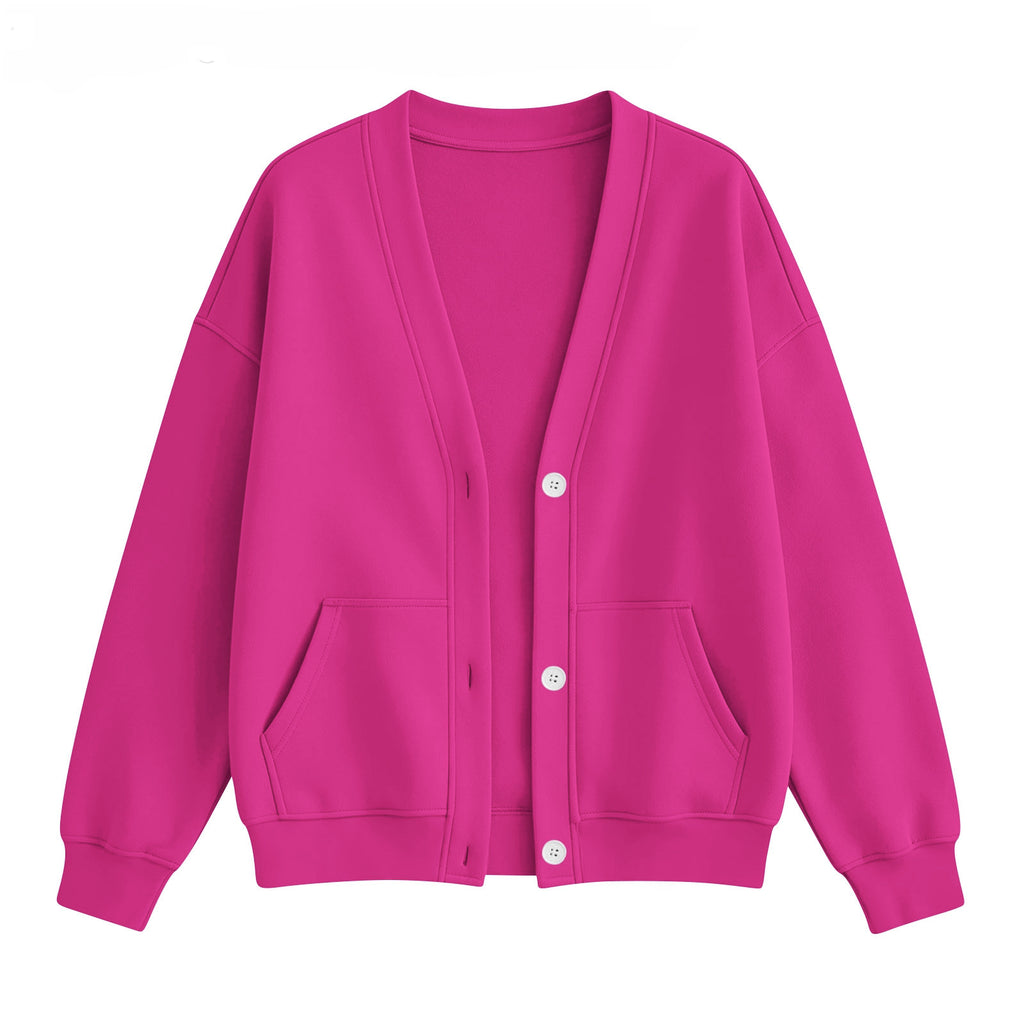 V Neck Fleece Cardigan With Pockets - Rose_Red