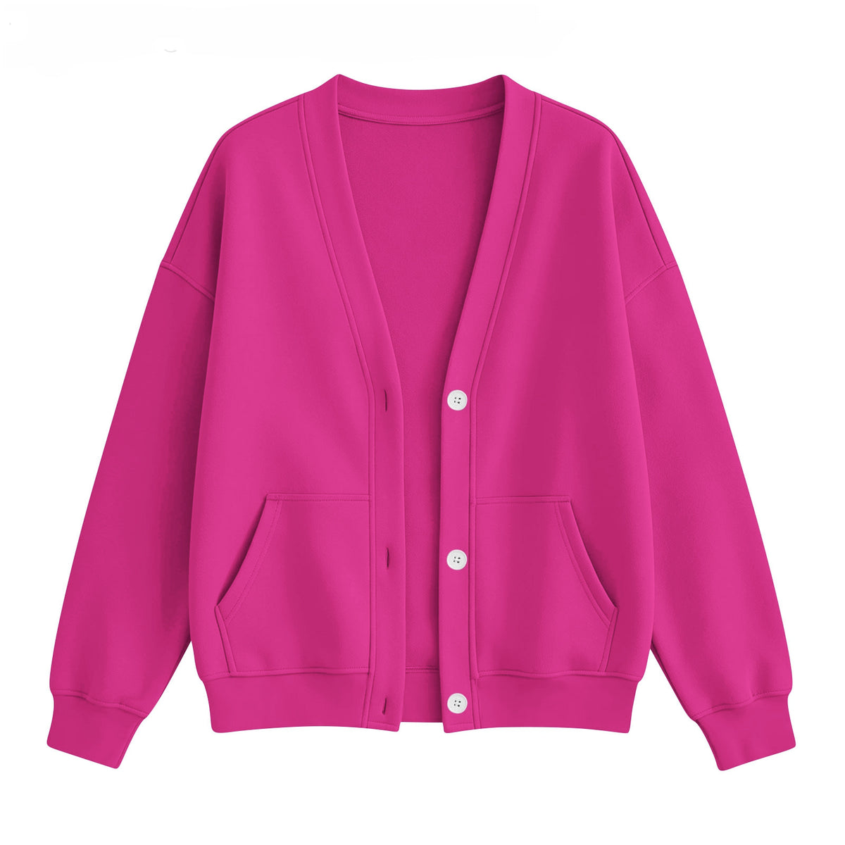 V Neck Fleece Cardigan With Pockets - Rose_Red