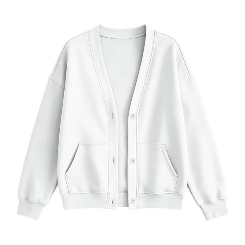 V Neck Fleece Cardigan With Pockets - White