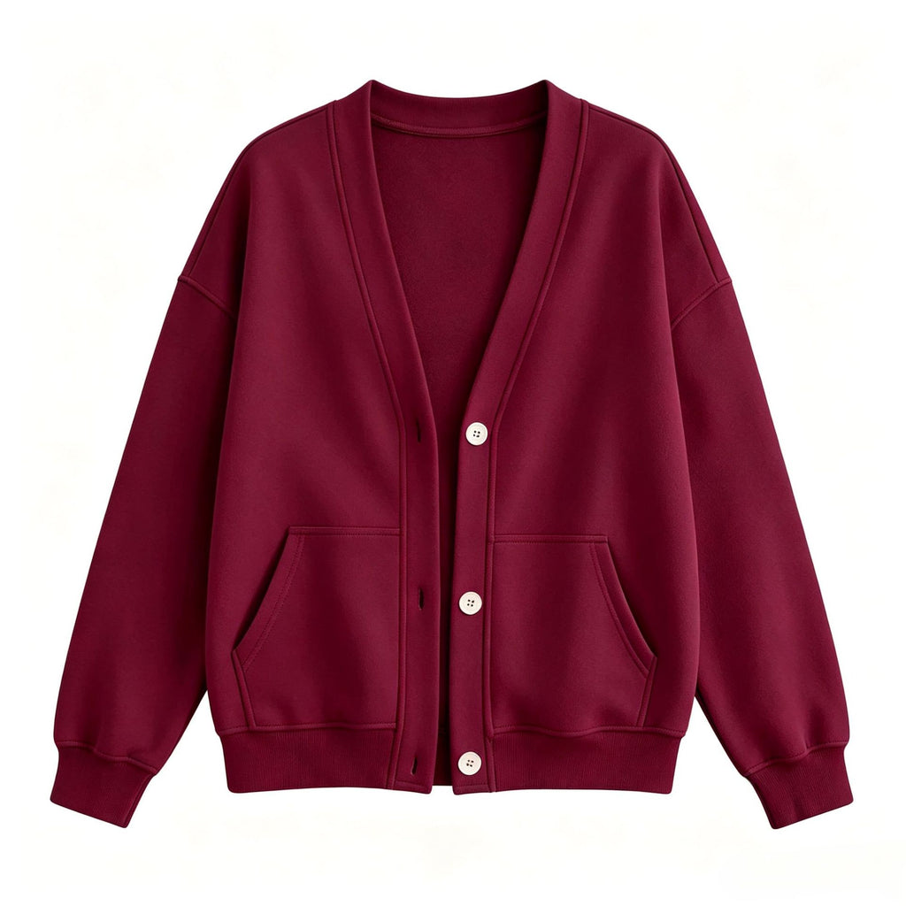 V Neck Fleece Cardigan With Pockets - Wine_Red