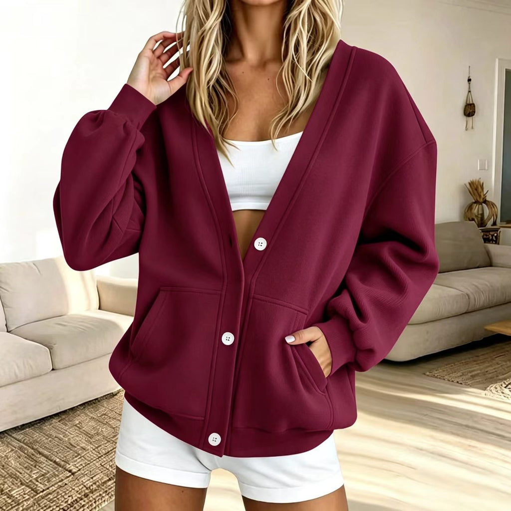 V Neck Fleece Cardigan With Pockets - Wine_Red - 1