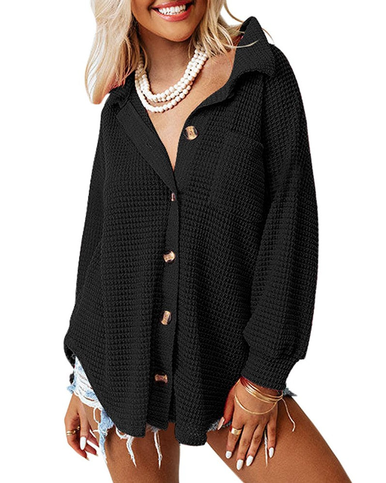 Waffle Knit Oversized Button Down Shirt - Black