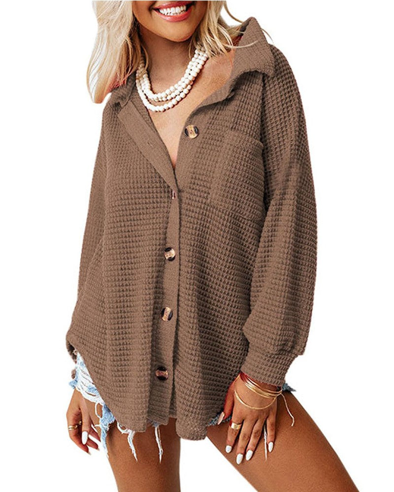 Waffle Knit Oversized Button Down Shirt - Coffee