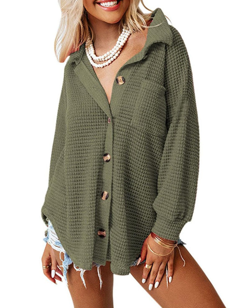 Waffle Knit Oversized Button Down Shirt - Green