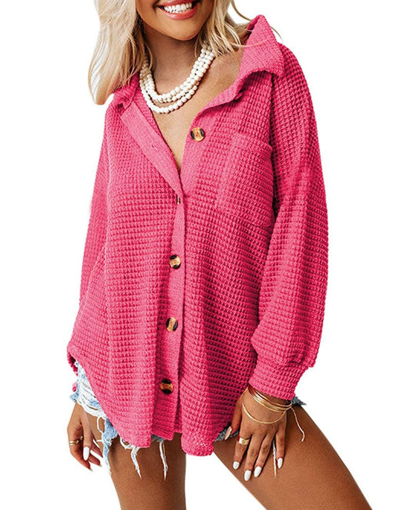 Waffle Knit Oversized Button Down Shirt - Rose-Red