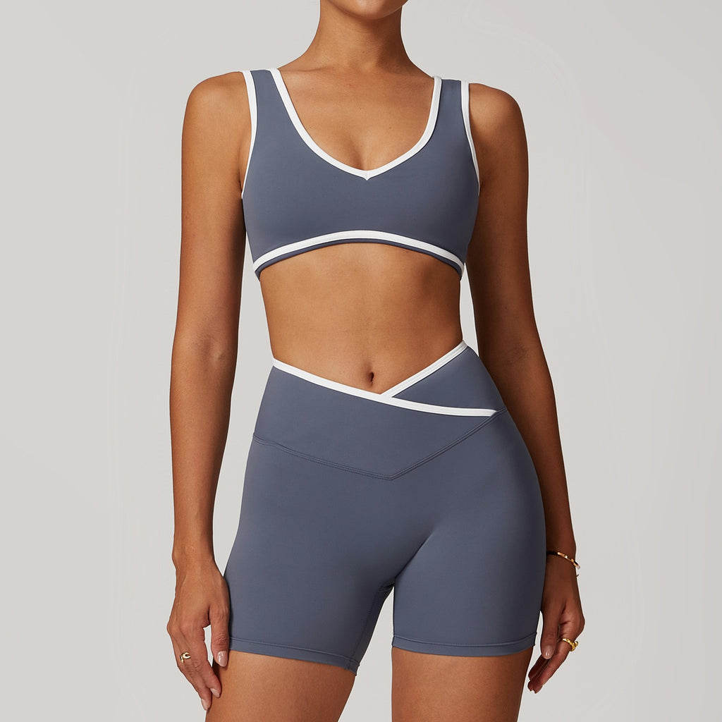 Contrast Trim Crossover Workout Bra and Shorts Set - Blue Gray