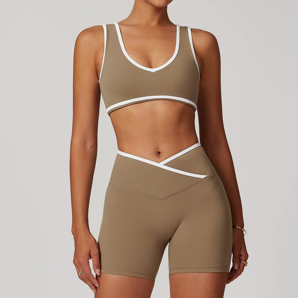 Contrast Trim Crossover Workout Bra and Shorts Set