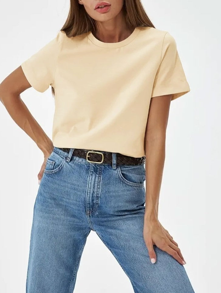 Relaxed Crewneck Short Sleeve Cotton Tee - Apricot